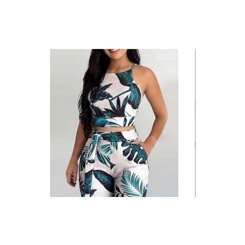 2021 summer new temperament palm leaf print sexy sling suit trousers 2-piece set