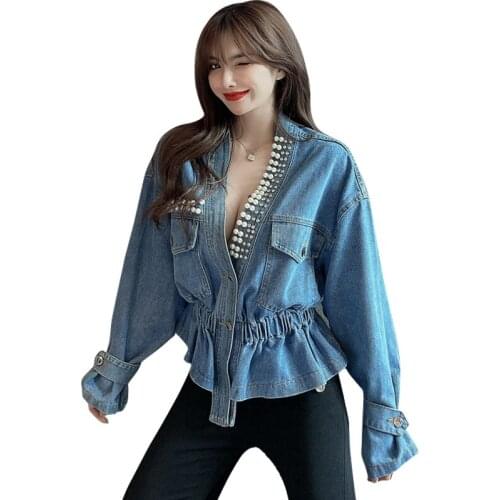 2021New Spring Women Sexy V-neck Elastic Waist Denim Jacket Femlae Short Long-sleeve Fashion Beaded Pearl Denim Coats NS2510