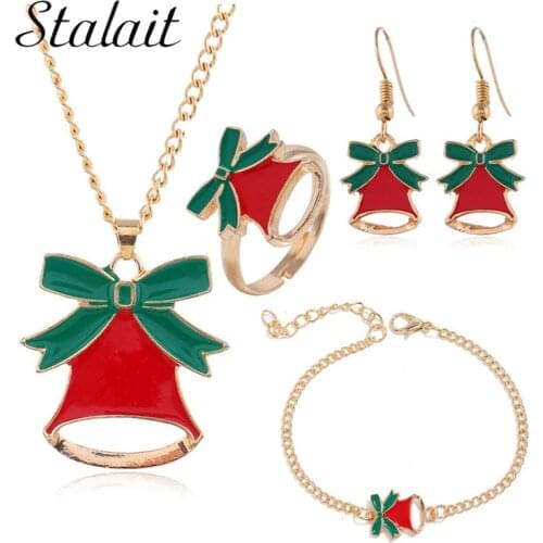 4Pcs/set Christmas Jewelry Set Green Bow Red Bell Gold Color Alloy Necklace Bracelet Ring Bohemian Jewelry Set For Child Gifts