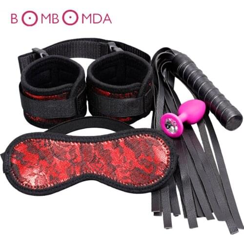 4PCS BDSM Bondage Set Flirting Tools Handcuffs Eye Mask PU Leather Spanking Whip Prostate Massage Anal Plug Sex Toys For Couples