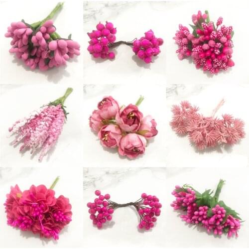 6/10/12/20/25/200pcs Mixed Rose Red Flower Cherry Stamen Berries Bundle DIY Christmas Wedding Cake Gift Box Wreaths Decor