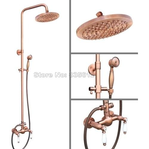 8" Shower Head Wall Mounted Antique Red Copper Bathroom Rain Shower Faucet Set /Dual Handles Mixer Tap + Handheld Shower Wrg583