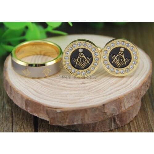 Free Shipping!USA Hot Sales E&C MENS LUXURY JEWELRY SET 8MM GOLDEN BEVEL MASON TUNGSTEN RING&GOLDEN STEEL MASONIC CUFFLINKS