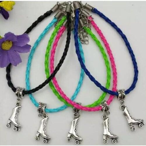 Fast shipping Skates Roller Skating Shoes Dangle Bead Pendant Mixed Color Leather Braided Rope Bracelets&Bangles Womens Jewelry