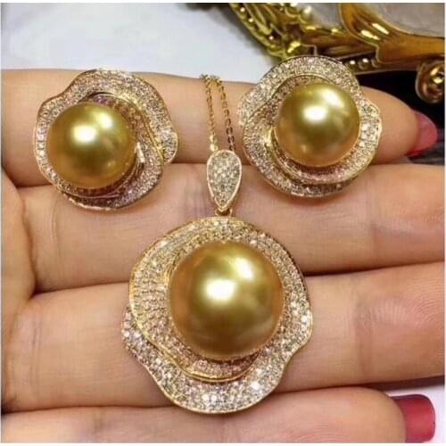 D401 Pearl Set Fine Jewelry Natural Round 9-14mm Fresh Water Golden Edison Pearls Jewelry Sets for Women Presents