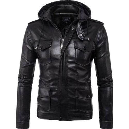 Personalized motorcycle mens leather jacket slim coat Multi-pocket jackets jaqueta de couro stage street rock fashion Hooded