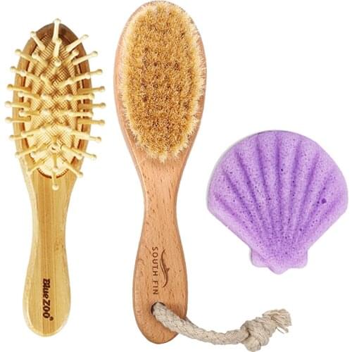 3 Pieces Brush Face Back Exfoliate Scrubber Handle Natural Wooden Shower