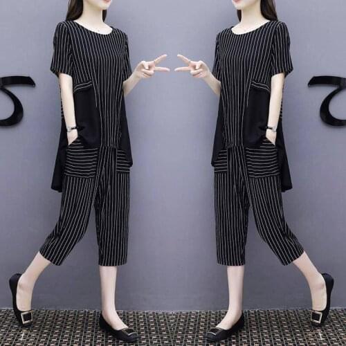 M-5XL Plus Size Striped Tracksuit Women Two Piece Set Summer Clothes Irregular Hem Long Top and Pants Suits Casual Loose Outfits