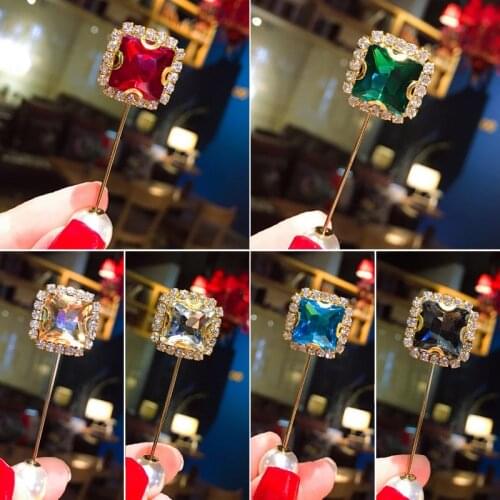 Red Grey White Champagne Double-Head Square Simple Rhinestone Clothes Pins White Simulated Pearl Golden Alloy Brooches for Women