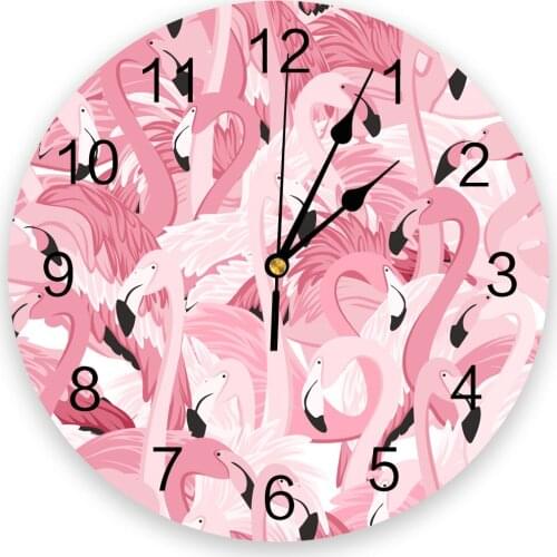 Pink Flamingo Round Wall Clock Creative Home Decor Living Room Quartz Needle Wall Clocks Hanging Watch