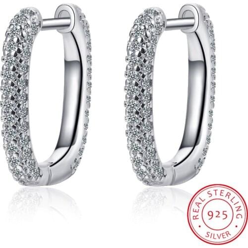 Fashion Charm Real 925 Sterling Silver Minimalist Pave Zirconia Geometric Oval Hoop Earrings for Women Unisex Party Jewelry Gift