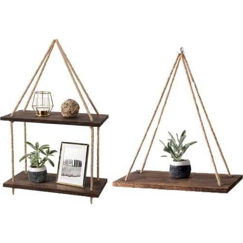 Moredn Simple Design 1/2 Tier Wooden Rope Swing Wall Hanging Plant Flower Pot Tray Mounted Floating Wall Shelves Home Decoration