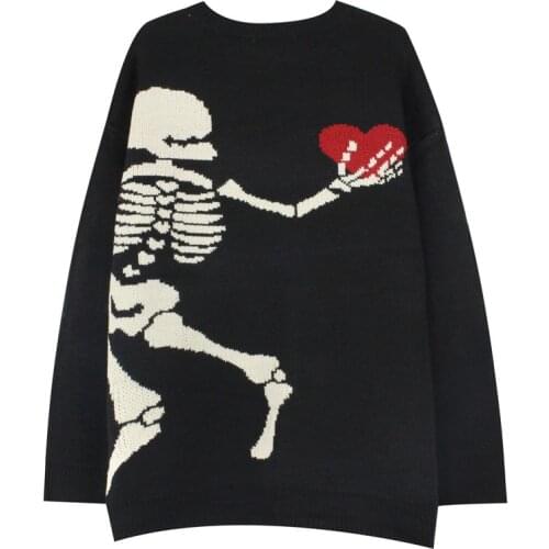 EukaaRu Skeleton Knitted Sweater Men Hip Hop Streetwear Mens Loose Crew Neck Sweater Fashion Women Oversized Sweater Pullover