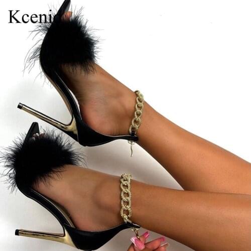 Kcenid New Summer Sandals Women Shoes Ankle Chain Thin High Heels Shoes Fashion Fur Design Open Toe Wedding Party Pumps Black