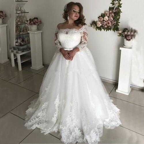 New Long Sleeve Plus Size Wedding Dresses Floor Length Lace Appliques Elegant Country Bridal Gowns
