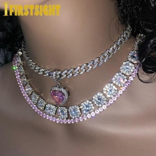 Silver Color Heart Pendant Necklace High Quality Bling Iced Out 6 Color Cubic Zirconia Hip Hop Fashion Jewelry Gift For Women