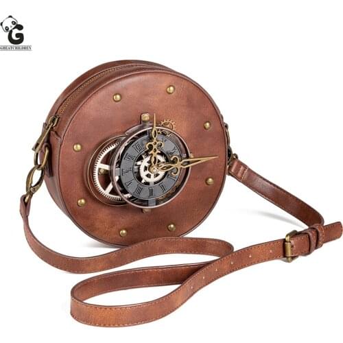 Retro Mechanical Bag 2021 New Steam punk Womens Chain Clock Inclined Shoulder Wallet Lady Bag PU Leather Vogue Multi-Function