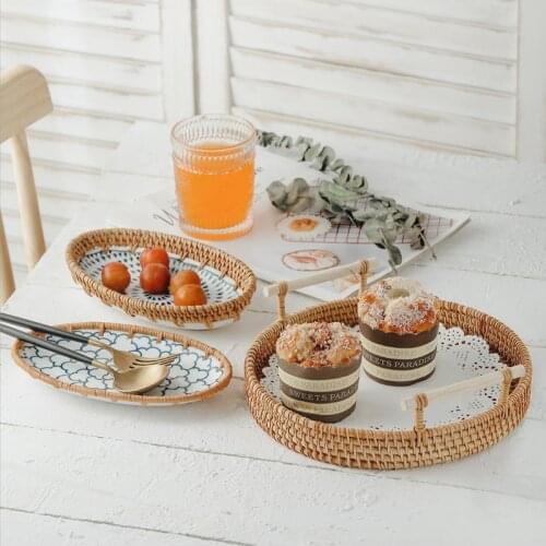 Creative Rattan Hand-woven Ceramic Dish Fruit Basket Breakfast Dining Plate Nut Dessert Tray Snack Candy Storage Kitchen Plate