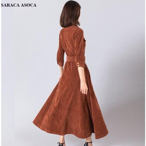 Spring Autumn High Waist Vintage Corduroy Long Dress Women Three Quarter Straight Mid-Calf Long Dress For Girls
