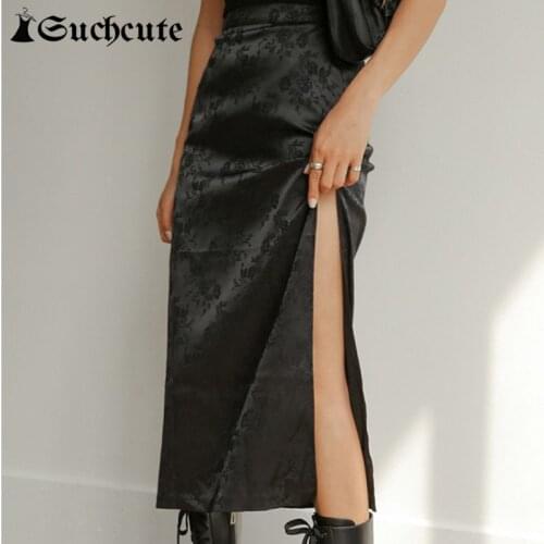 SUCHCUTE Floral Print Women Y2K Skirts Solid Retro Harajuku Sexy Split Long Skirts Kawaii Gothic Clothes Casual Clubwear Outfits