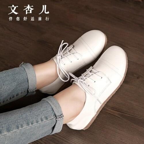 Whensinger - Size 34 -40 Genuine Leather Women Shoes 2018 Fashion Lace up Casual Flat Shoes Peas Non-Slip Outdoor Shoes