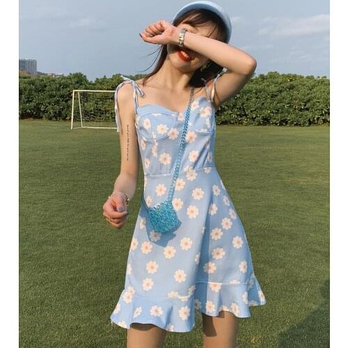 2020 summer seaside holiday floral dress short French pastoral wind lotus leaf printed small daisy suspender dress