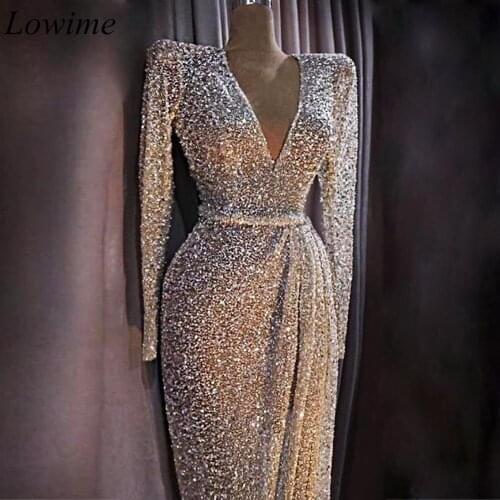 Dubai Muslim Formal Celebrity Dresses 2019 Long Mermaid V-Neck Evening Dresses Arabic Glitter Prom Dress Party Robe De Soiree