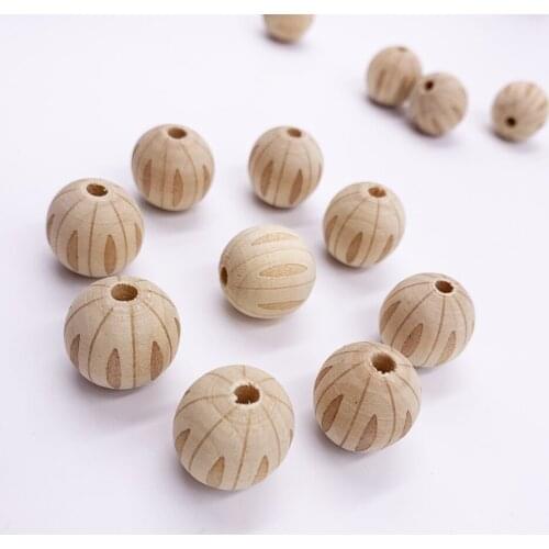 10pcs Natural Environmental protection wooden Round Carving pattern stripe beads Handmade DIY decoration