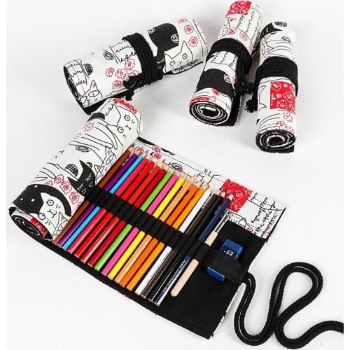 50pcs Kawaii Couple Cat Roll School Pencil Case for Girls Boys Pencilcase Canvas Large 24/36/48/72 Holes Pen Bag Big Box Kit