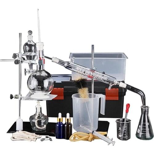 44pcs New 500ml Lab Essential Oil Distillation Apparatus Water Distiller Purifier Glassware Kits w/Tool Case Condenser Pipe