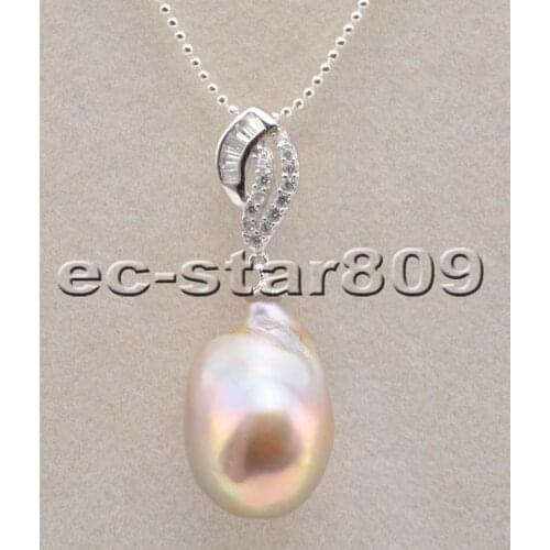 D0326 Natural 23mm Baroque Keshi Reborn Pearl CZ Pendant 925Silver