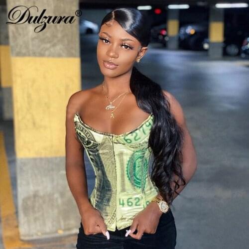 Dulzura Dollar Print Women Corset Top Camis Strap Crops Bustier Bodycon Sexy Streetwear Party Club 2020 Autumn Winter Clothes