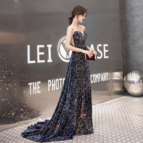 2020 Elegant Strapless Formal Evening Dresses Robe De Soiree Fashion Sleeveless Sequins Banquet Prom Gown With Train Host Dress