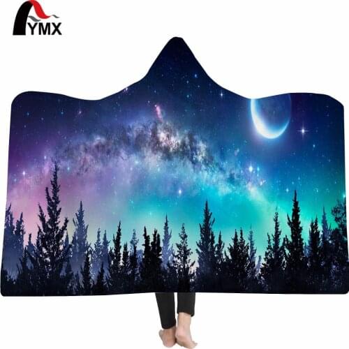 FYMX Starry Sky Art Hooded Blanket For Adults Sherpa Fleece Psychedelic 3D Printed Microfiber Wearable Blanket On Bed Sofa