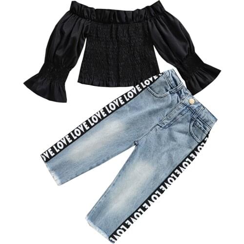 FOCUSNORM Fashion Toddler Girls 2pcs Clothes Sets Ruffles Long Sleeve Off Shoulder Solid Tops Letter Ripped Denim Pants 1-5Y