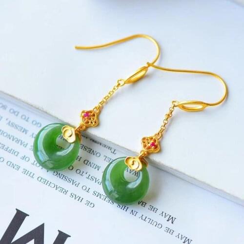 Natural Hetian Jade Green Jade Donut Earrings S925 Sterling Silver Ethnic Style Needle Simple Elegant Gilding Eardrop Jewelry