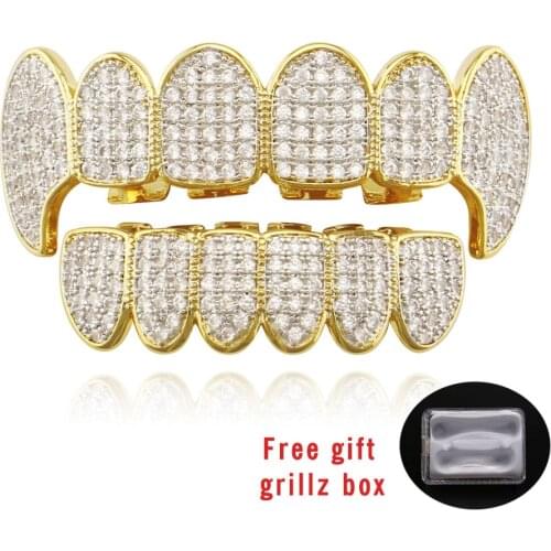 Hip Hop Grillz Iced Out CZ Fang Mouth Teeth Caps Top & Bottom Tooth Set Men Women Vampire Grills Fashion Halloween Jewelry
