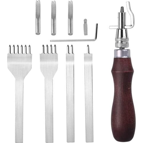 Nonvor Leather Groover Tool(7 in 1 Pro Adjustable) + 1/2/4/6 Prong Lacing Stitching Chisel Set Leathercraft Stitching Punch Kits