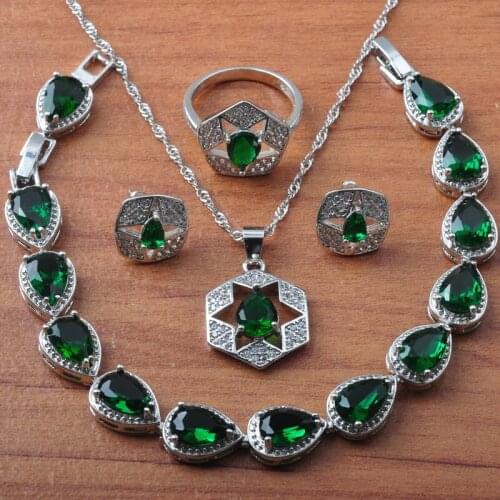 Green Crystal Silver Color Jewelry Sets For Women Wedding Jewelry Earrings Necklace Ring Bracelet Party Gifts 2020 New JS0646