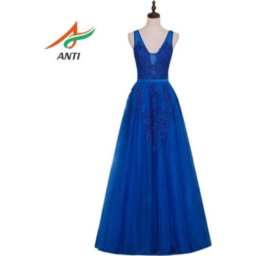 ANTI lace Beaded Embroidery Sexy Tulle Perspective Light Luxury A-shape Slim Simple Royal Blue Noble V-neck Halter Evening Gown