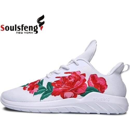 SOULSFENG Men Light Running Shoes Comfortable Sneakers Outsole Non-slip jogging Outdoor Athletic Shoes Embroidery Flower Shoes
