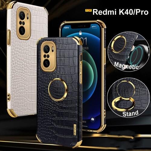 Magnetic Metal Finger Ring Holder Case For Xiaomi Redmi K40 Pro Case Luxury Crocodile PU Leather Case For Redmi K40 back cover