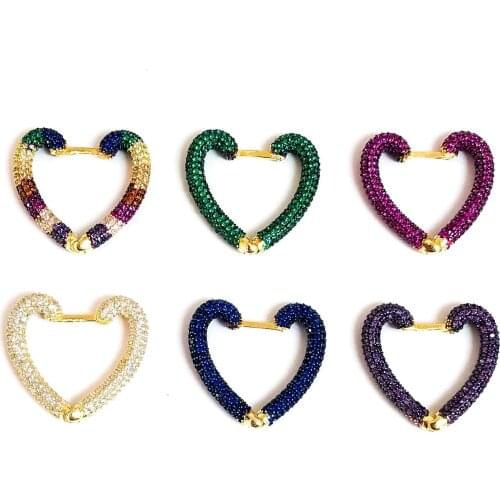 Micro pave colorful cz valentines gift fashion jewelry green red blue white rainbow cz heart hoop earring