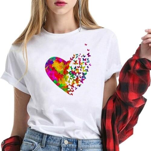 New Womens T-shirts Graphic Female Tee T-Shirt Butterfly Love Heart Print Sweet Tshirt for Women Valentine Clothes