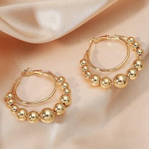 Origin Summer Exaggeration Double-Layer Gold Color Round Ball Hoop Earring for Women Hollow Out Metallic Earring Jewellery