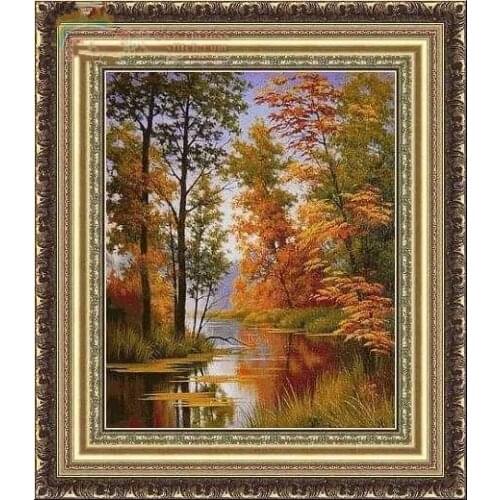 Autumn woods River Scenery Needlework,Cross stitch,14CT Counted Sets Embroidery kits Art Cross-Stitching,DIY Handmade Decor