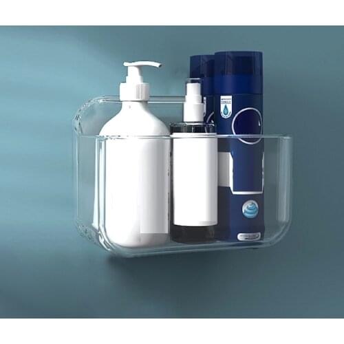 Transparent Bathroom Organizer Wall Storage Box Shelf Shower Bath Accessories Rack No Drilling