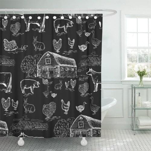 Vintage Farm Animals Chalkboard Style Cows Geese Chickens Pigs Turkey House Butcher Engraving Shower Curtains Waterproof