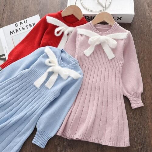 Bear Leader Christmas Baby Girl Knitted Sweater Dress Autumn Winter Thick Warm Sweater Solid Color Bow Dresses Knitted Clothes