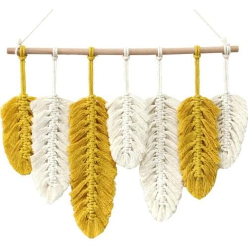 Yellow White Macrame Wall Hanging Tapestry Leaves Shape Handmade Wall Tapestry for Bedside Room Farmhouse Home Boho Decoration